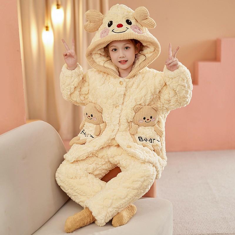 Girls Winter Warm Coral Fleece Pajama Set 3-Layer Quilted Sleepwear Cartoon Animal Print Kid Home Outfit
