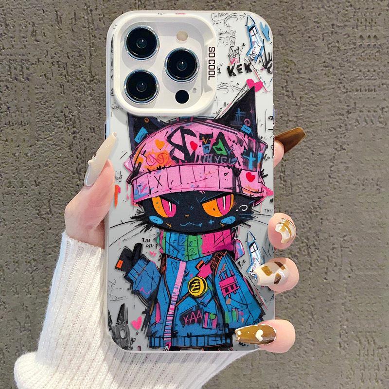 Black Cat Graffiti iPhone 17 Case - Compatible with 13/14Pro/15ProMax/16Pro, Silver Color