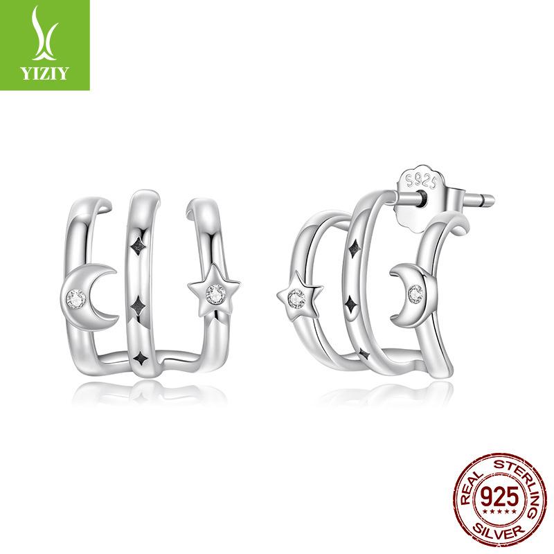 Star And Moon Multi-Circle Stud Earrings, Personalized Trend S925 Sterling Silver Niche Star And Moon Stud Earrings