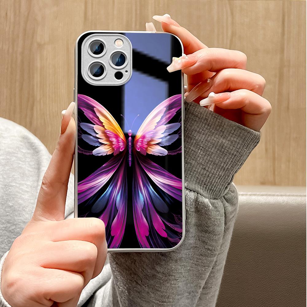 Colored Butterfly Phone Case Metallic Lacquer Tempered Glass Shockproof Cover for Huawei Honor iPhone OPPO Realme OnePlus Xiaomi Redmi Samsung Vivo