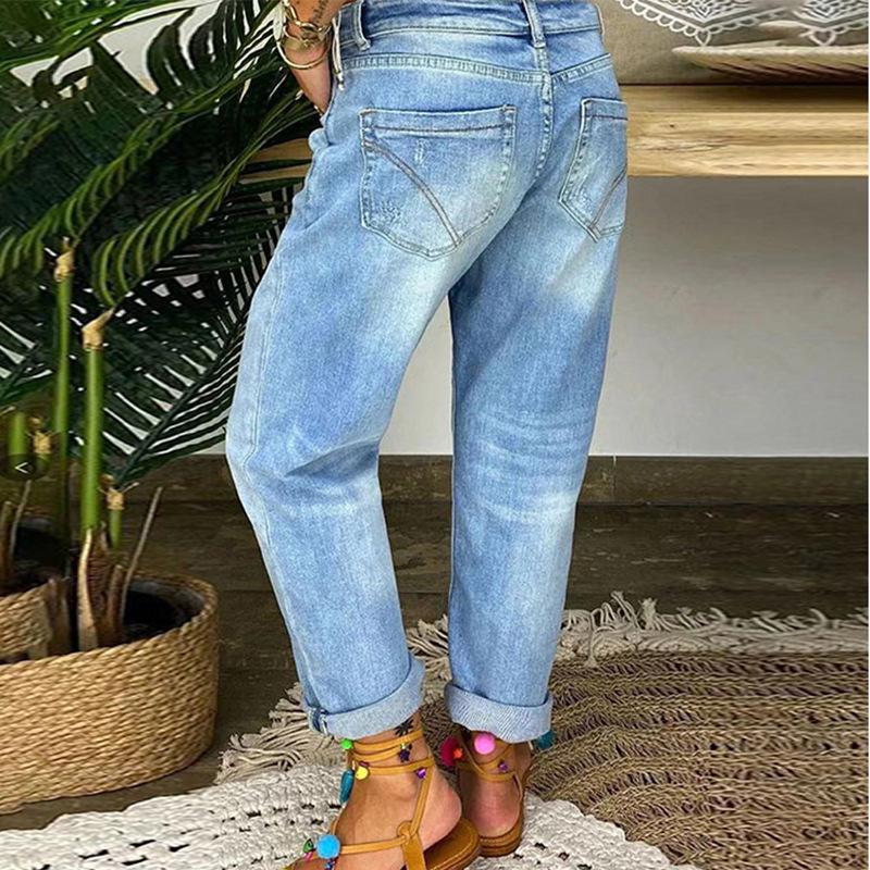 Nowe Damskie Codzienne Jeansy z Prostymi Nogawkami i Efektem Zniszczenia, Spodnie z Płukanego Denimu z Wieloma Guzikami dla Street Style