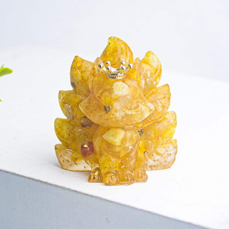 Water Crystal Decorative Figurine With Crown Nine Tails Fox For Modern Desk Display