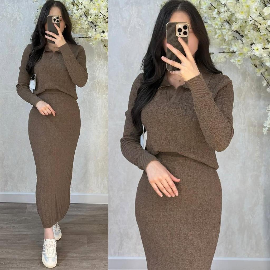 Women's European & American Autumn 2025 Knit Lapel Cardigan & Bodycon Long Skirt Set