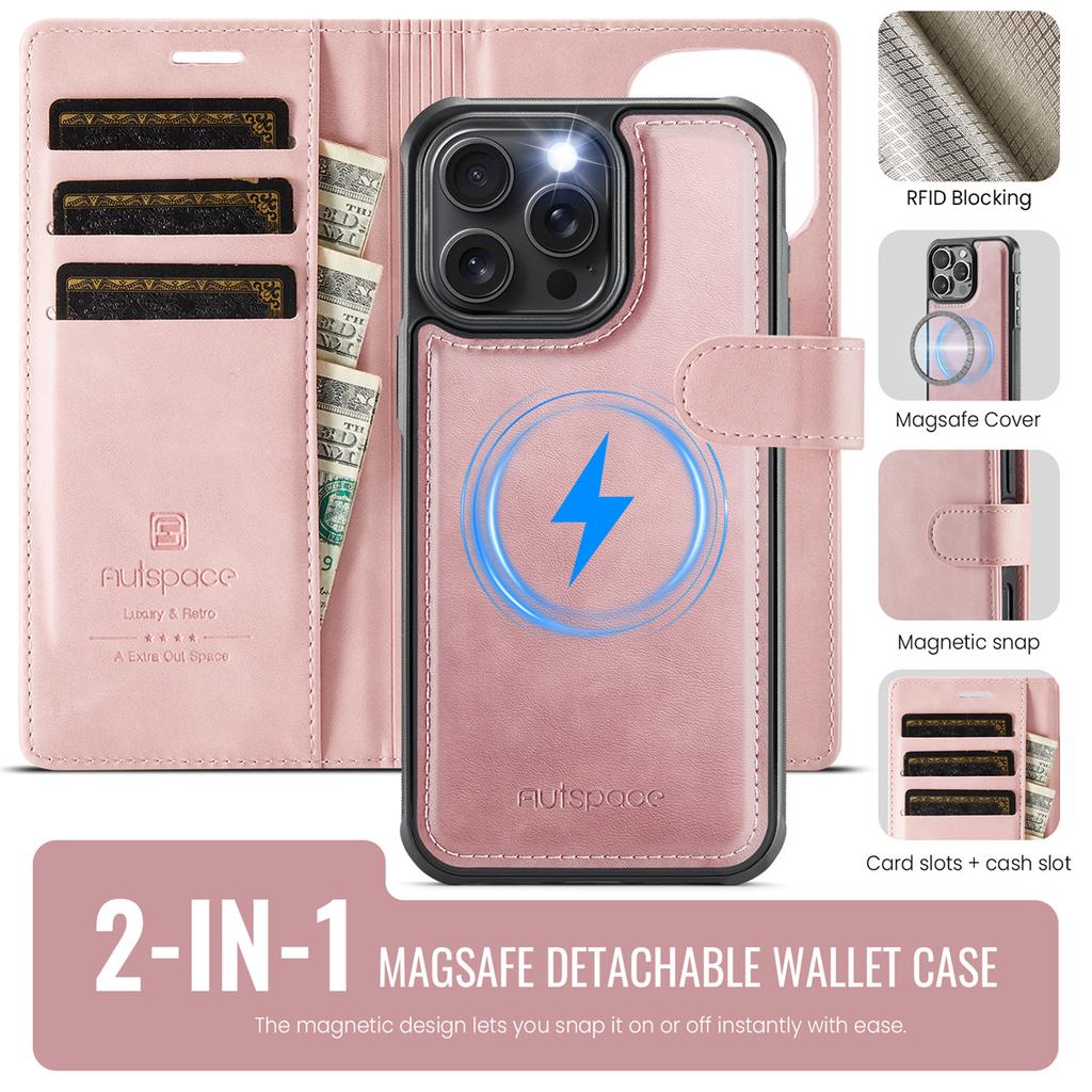 2-in-1 Magnetic Detachable Wallet Case for iPhone 16/16 Pro/16 Pro Max/16 Plus/16e - PU Leather, Card Slots, MagSafe Charging, 360° Protection