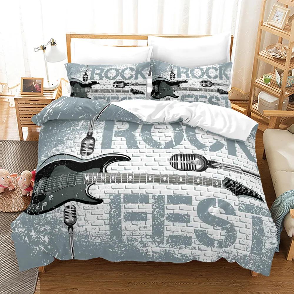 Soft Duvet Cover Plus Pilowcase for Young Boys Ten,Retro Style Guitar,Black Sound System, 3D Print,Music Series,Warm Comforter Cover Set, Quen
