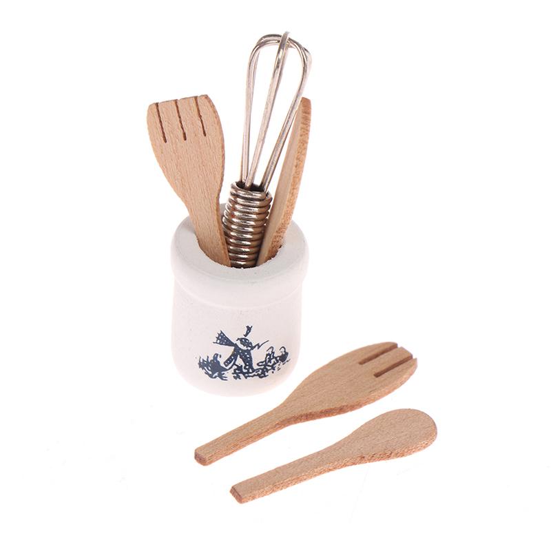 

Miniatures Wooden And Fork Metal Whisk Jar Set Accessories Doll House Kitchen one size