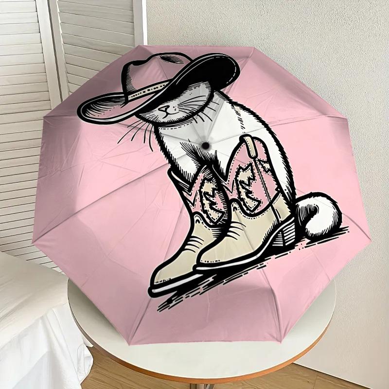 Western Cat Cowboy Hat & Boots Print Umbrella   Automatic Opening/Closing, Outdoor Gear, Travel Accessories, Perfect Gift 196