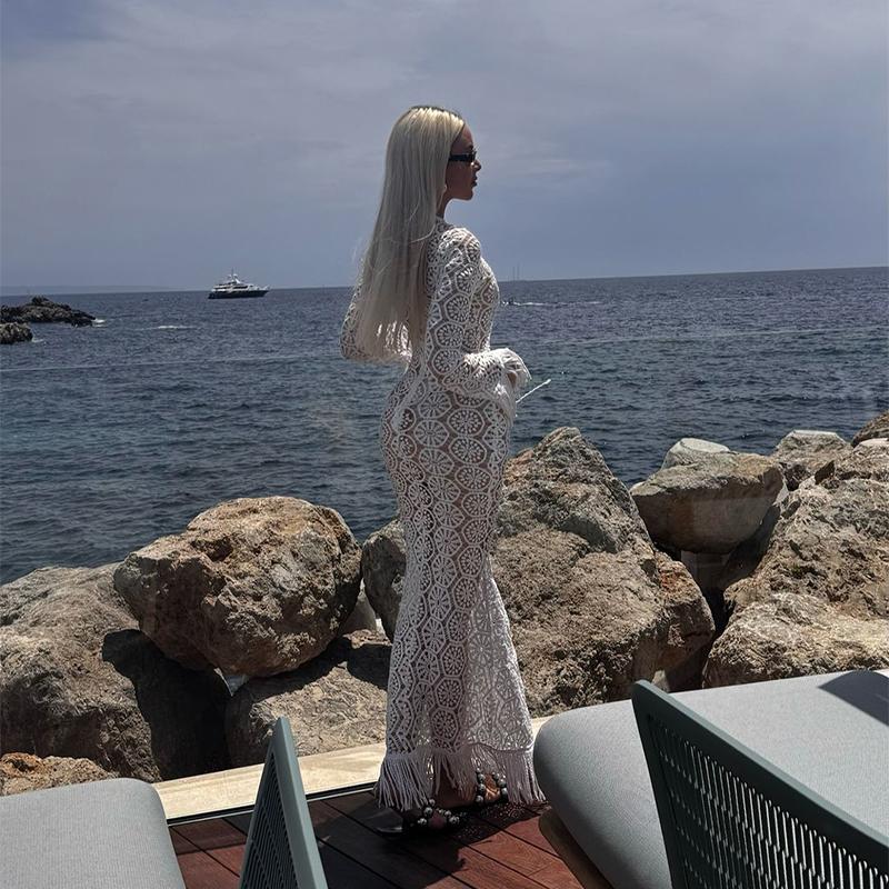 Sexy Tassel Hallow Out Midi Dress Women Solid Long Sleeve O-neck Holiday Slim Dresses Female 2024 Summer Fashion Crochet Robe