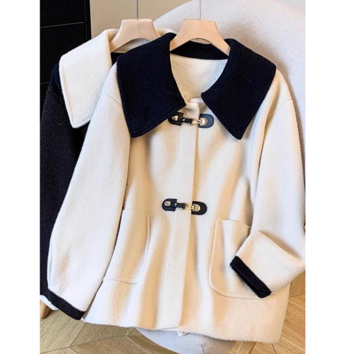 Women s Retro French Chic Woolen Coat - Artistic Contrasting Color, Long Sleeve, Loose Fit, Age-Reducing, 2025 Autumn/Winter Collection L