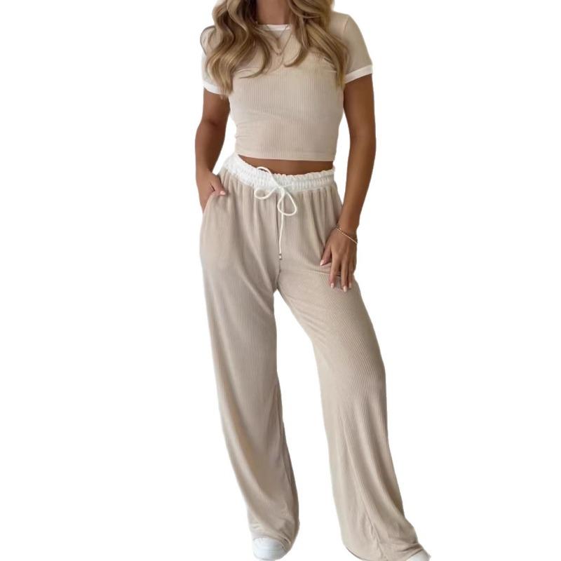 Womens Casual Short Sleeve Top And Wide Leg Pants Set