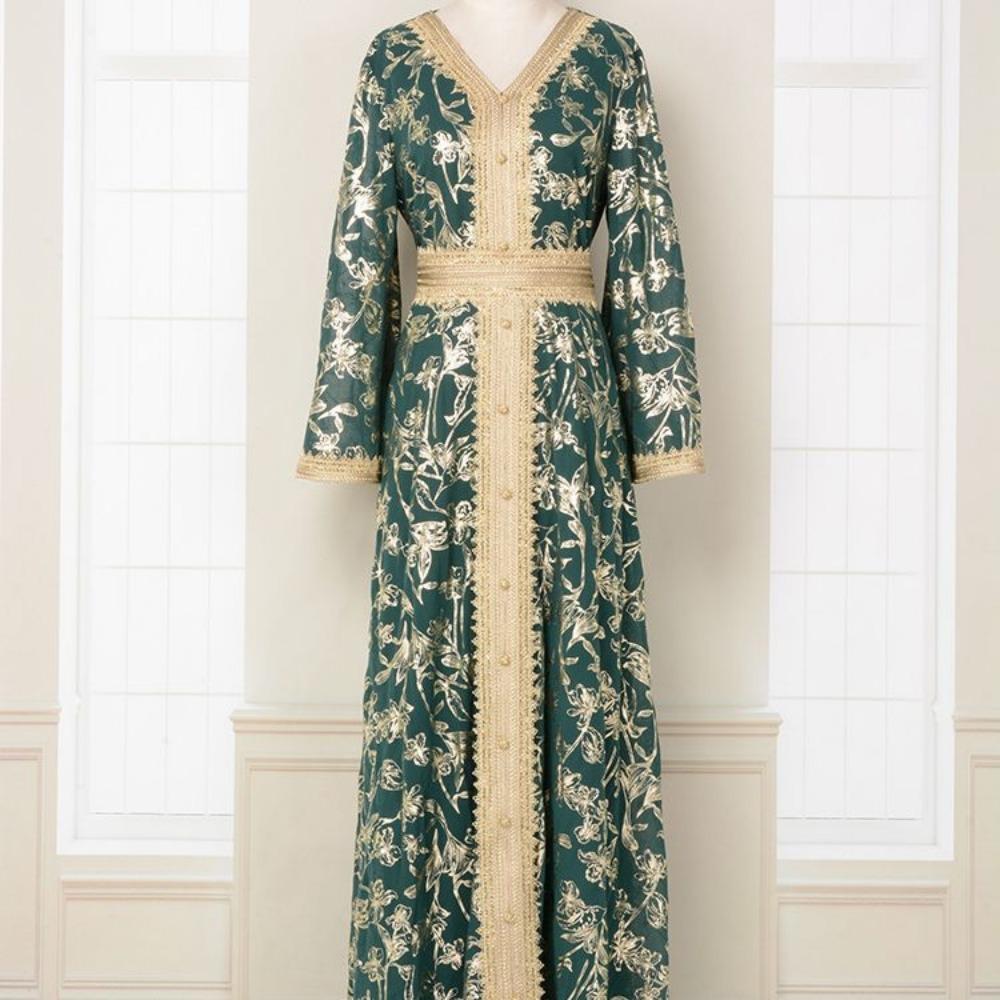 Women's Evening Gown: Stylish Long Dress Featuring Textured Floral Patterns and Gold Foil Accents