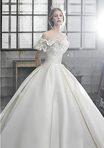 [Housaku Co., Ltd.] Wedding Dress, Illusion Neck, Bell Sleeves, Satin, Elegant, Exquisite Princess Style, Lace-up, A-line, for Concerts, Recitals, Gor