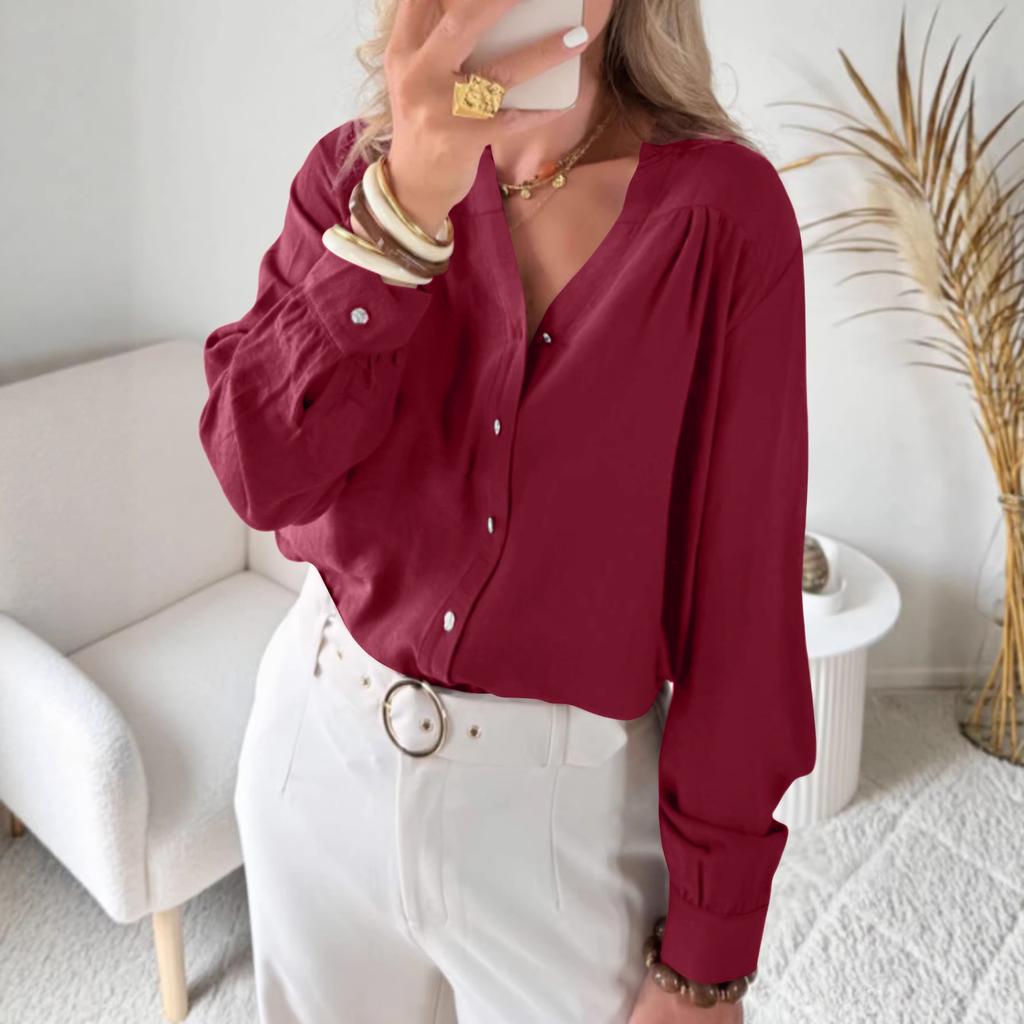 Women's Casual Loose-Fit V-Neck Button-Up Long-Sleeve Blouse With Flounce Collar