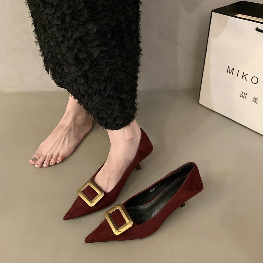 2025 autumn new pointed thin heel high heel single shoes women's shallow mouth metal decorative cat heel women's shoes one pedal