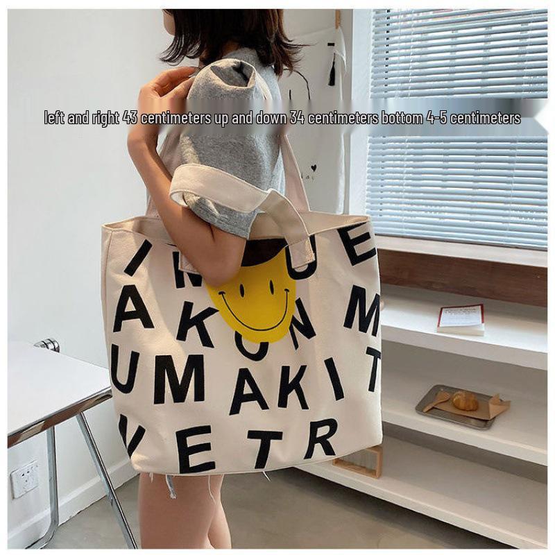 Women's Large Capacity Smiley Face Canvas Tote - Fashionable Single Shoulder Shopping Bag