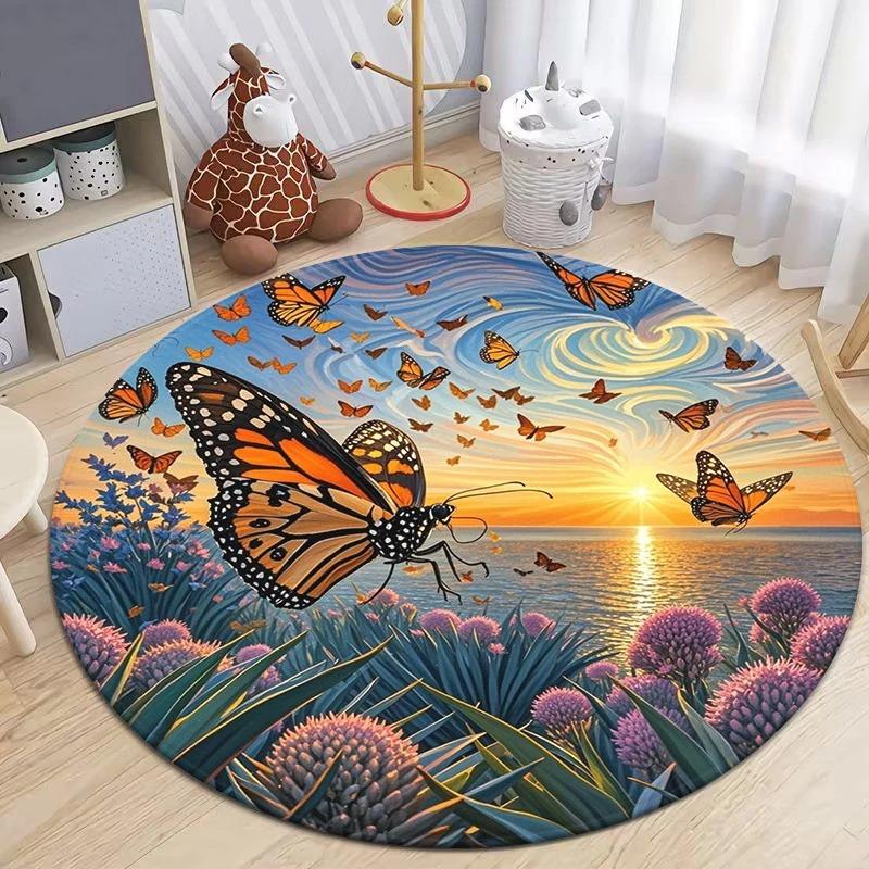 Dense Floral Butterfly Round Soft Non-Slip Art Rug Bohemian Living Room Minimalist Decor Rug