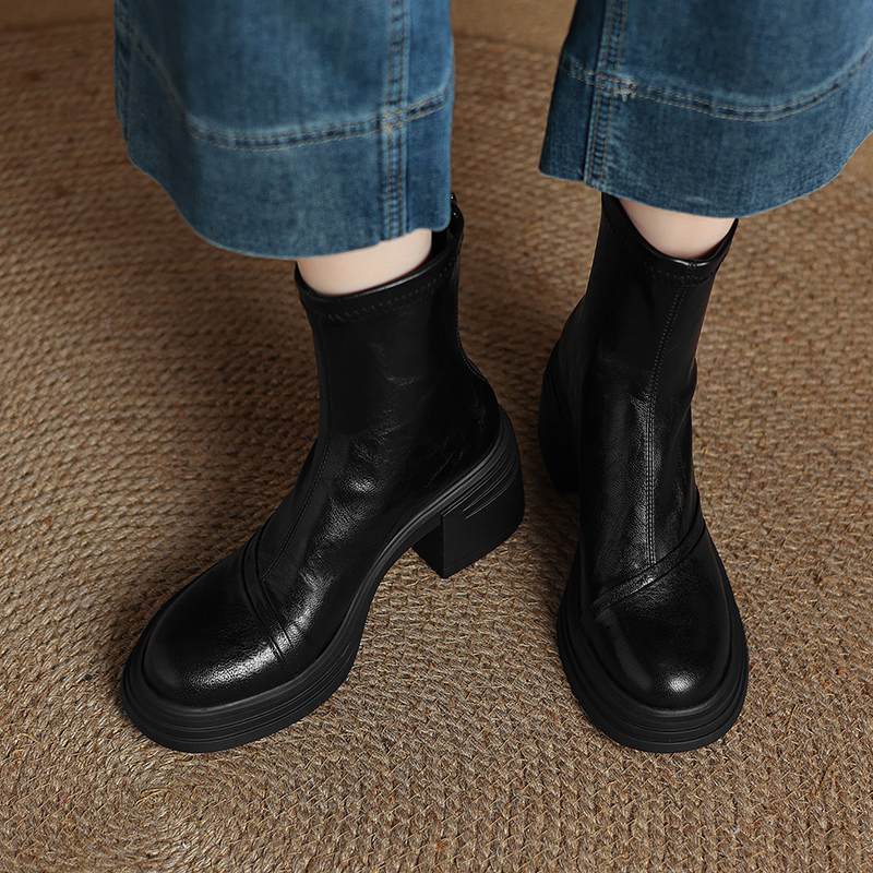 Krazing Pot Sheepskin Winter Round Toe Modern Platform Boots Thick High Heels Zipper Women Ankle Boots