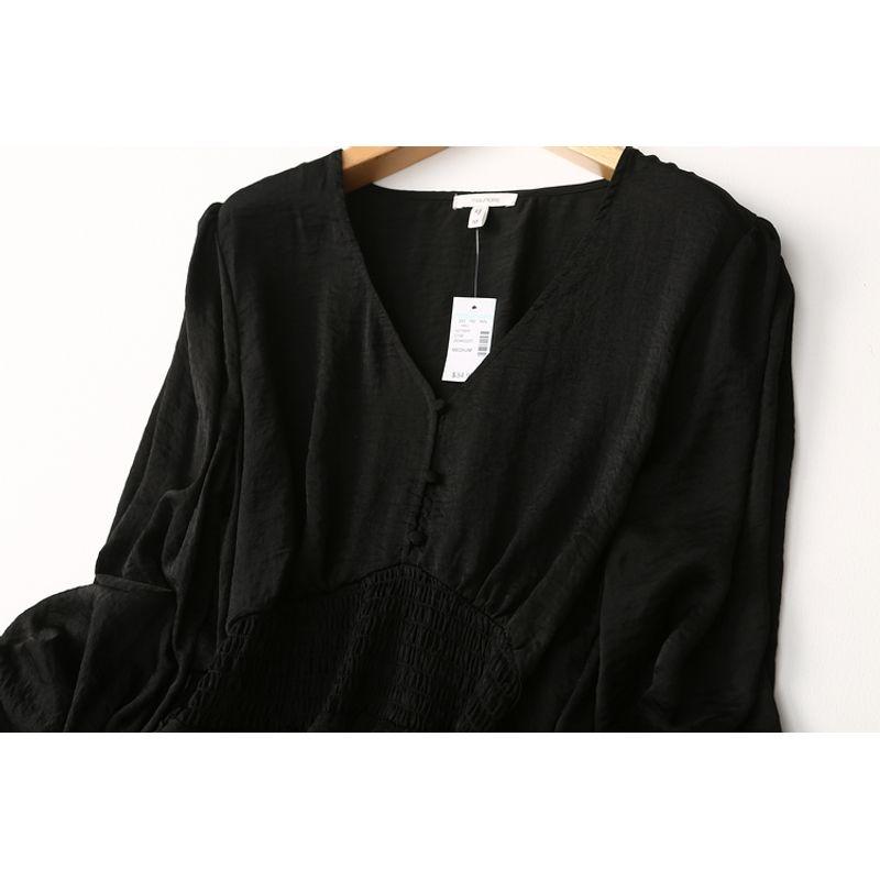 Export Plus Size Women's Glossy V-neck Shirt Dark Grain Design Blouse Waist-Tight Satin Plus Size Ladies Chiffon Top