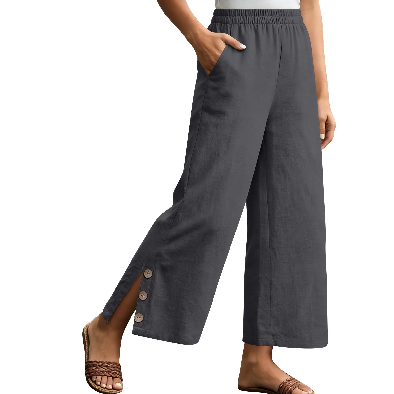 

Wide Leg Linen Pants for Women Elastic Waistband Casual Loose Fit Trousers with Side Button Split and Pockets for Daily Wear L