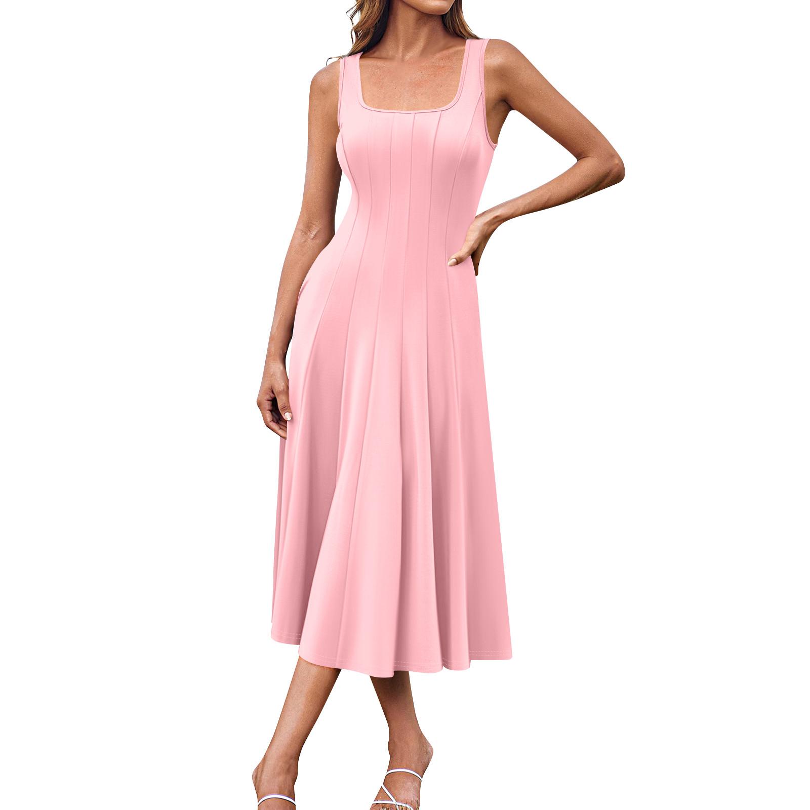 

Женское повседневное модное платье миди с круглым вырезом без рукавов и боковыми карманами L розовый