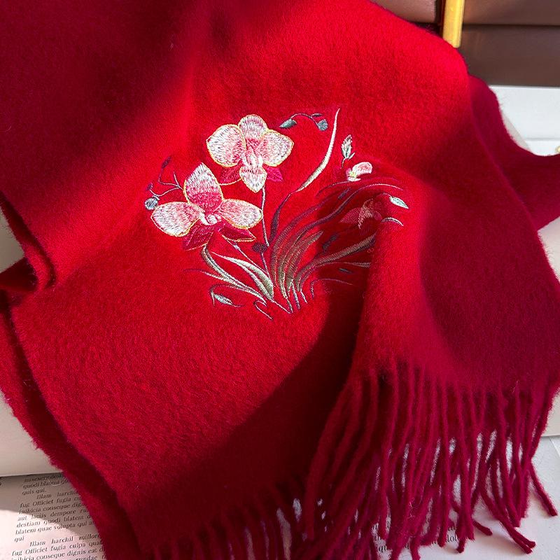 100% Wool Winter Scarf For Women Warm Embroidery Scarves Hijab Solid Lady Shawl Wrap Female Pashmina Bandana Head Scarfs New