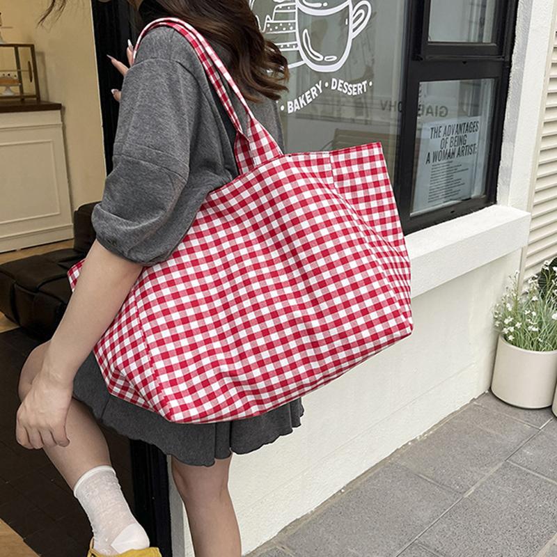 Yogodlns Large Capacity Plaid Women's Canvas Shoulder Bags Simple Commuter Female Shopping Bag College Girls Book Tote Travel Handbags