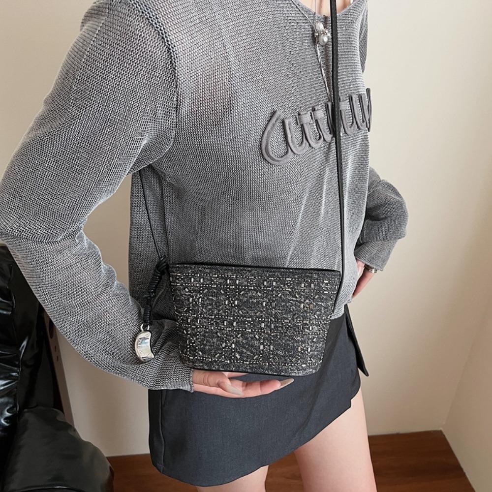 Light Luxury Sequined Small Bag Women's Shoulder Bucket Bag Denim Blue Chain Messenger Bag