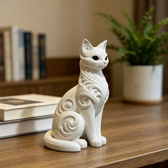 3D Printed Sitting Cat Figurine Ornament Baroque Carving Kitten Statue Sculpture Home Office Decoration Ornament Gift for Cat Lovers