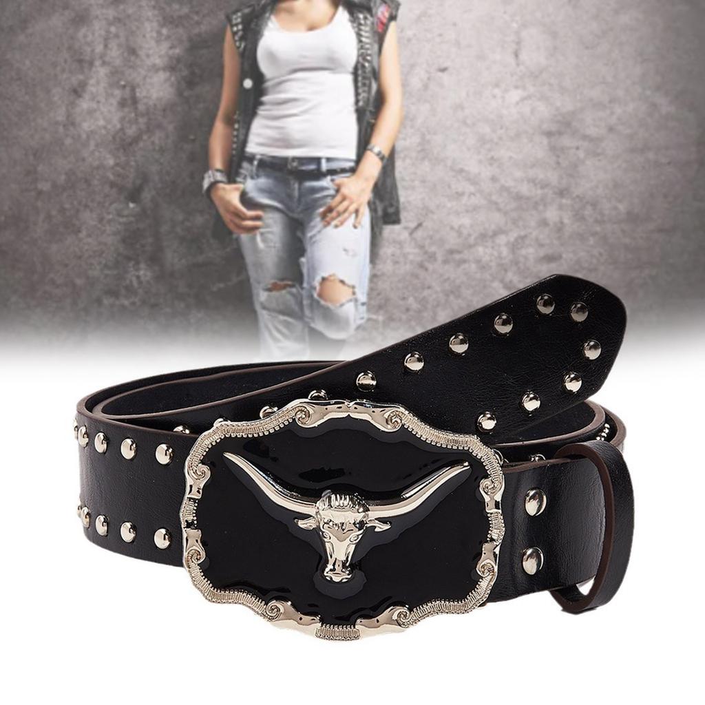 Waist Belt Engraved Buckle for Cowboy Cowgirl with Longhorn Vintage Belt Hot Girl WaistChain Studded Sexy Oversize Belt