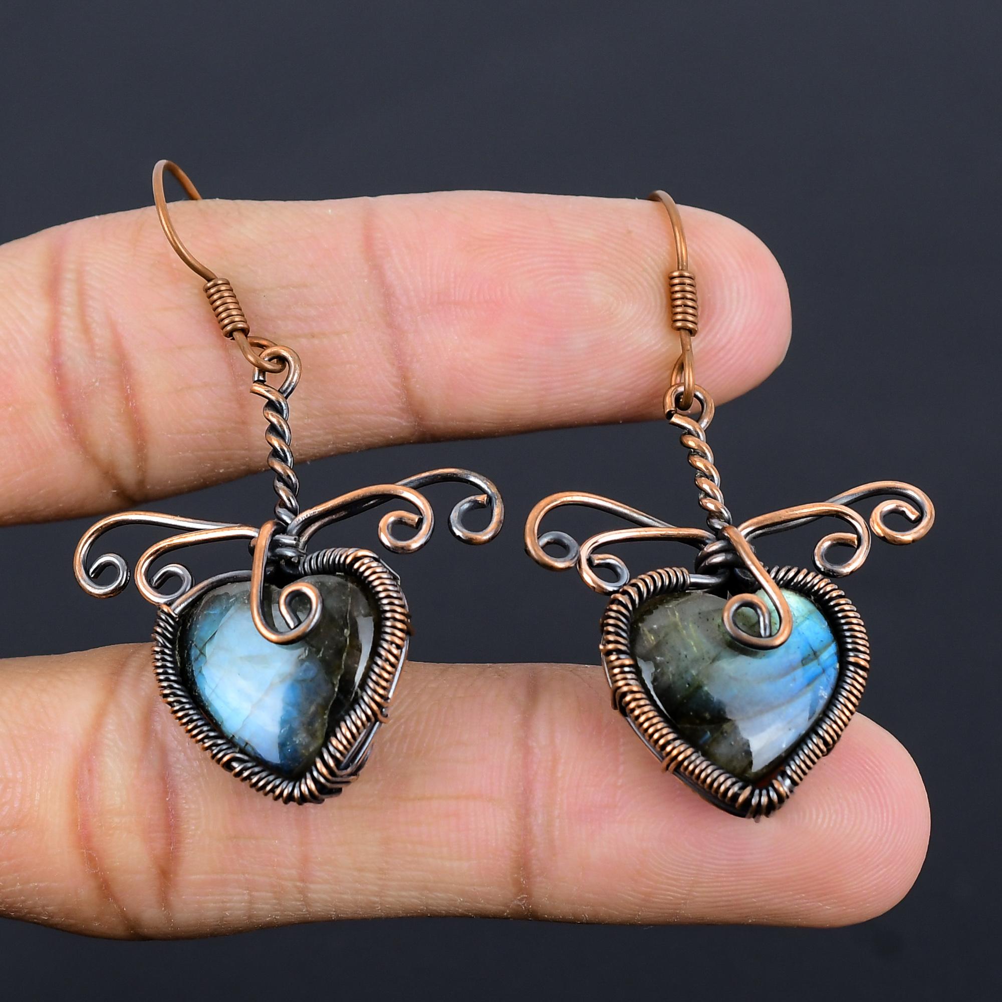 

Серьги из лабрадорита, обернутые медной проволокой 999 пробы, Ювелирные изделия с драгоценными камнями ручной работы, Подарки для жены, Совершенно новые серьги 2.55 Inches