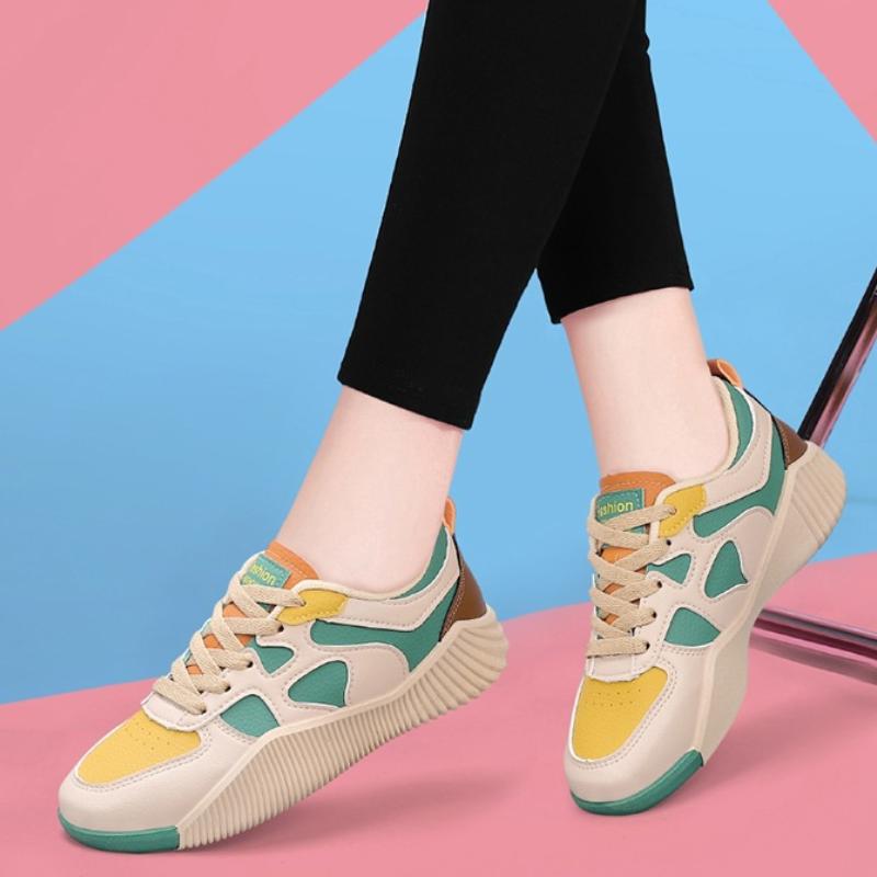 Trendy Retro Dámské Boty s Tlustou Podrážkou 2024 Nové Kožené Svršek Barevně Blokované Denní Neformální Sportovní Dámské Boty Zapatos De Mujer