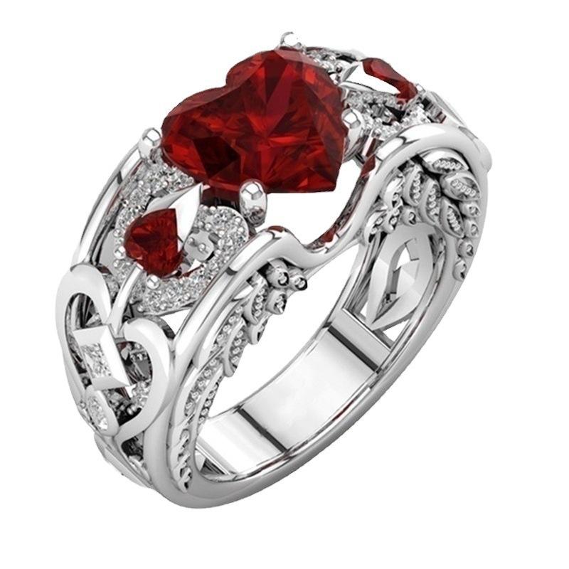 Hot-selling new European and American jewelry inlaid with red and green heart-shaped ring, engagement angel two-color ring. 5