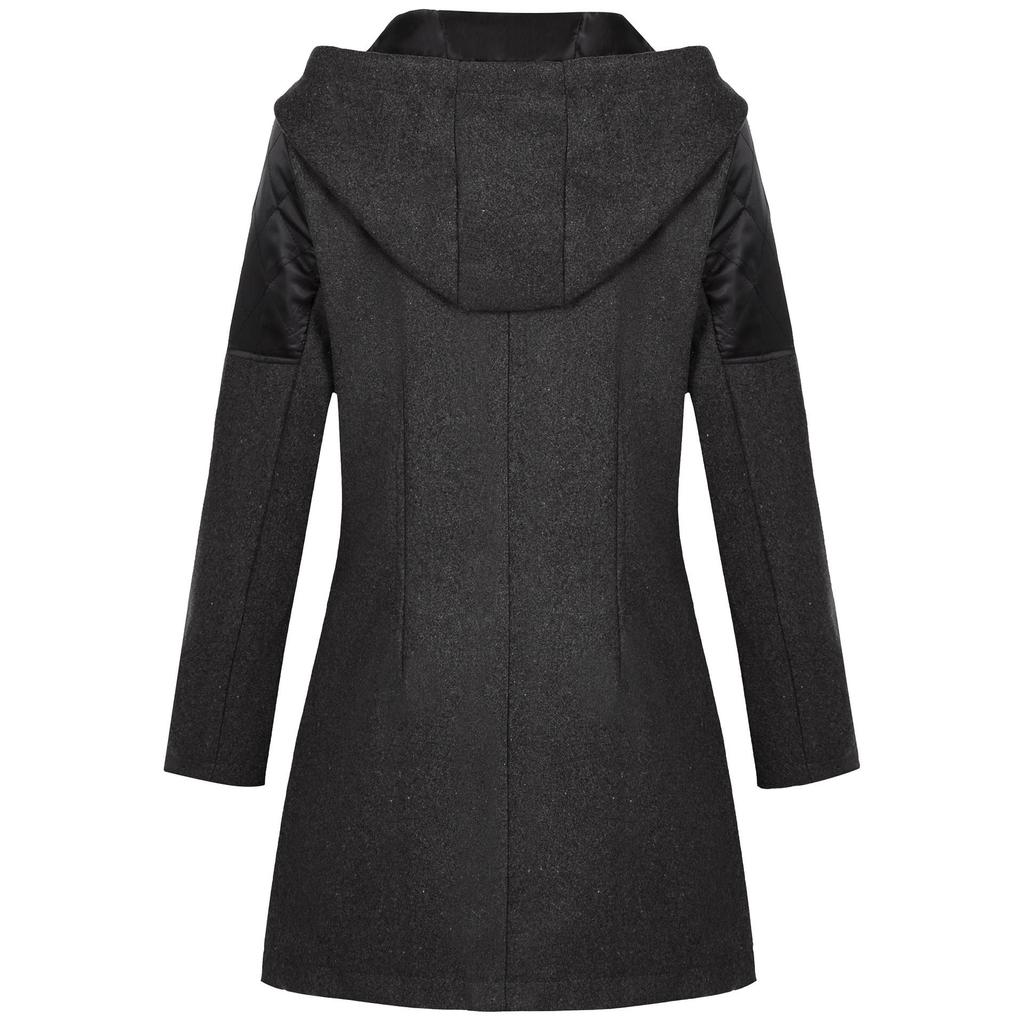 Wollmantel für Damen im europäischen und amerikanischen Stil mit Kapuze und schrägem Reißverschluss – dicker, warmer, mittellanger Windbreaker