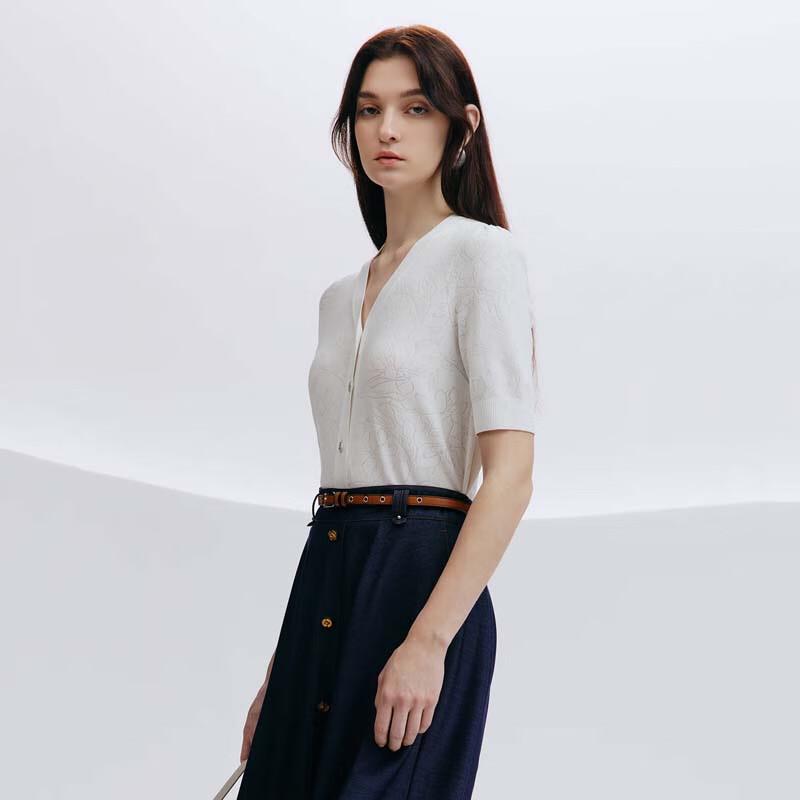 JESSIE Women's Elegant Waist-Cinching Jacquard Short Sleeve Knit Top