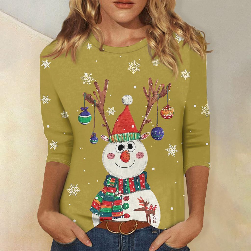 3/4 Sleeve Shirts For Women Print Christmas Tees Blouses Casual Plus Size Basic Tops Pullover