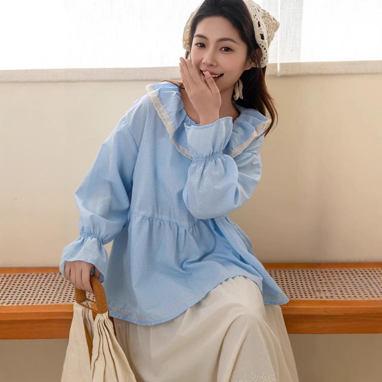 Plaid Patchwork Long Sleeve Doll Shirt - Spring 2026 Forest Girl Slimming Loose Top One Size синий