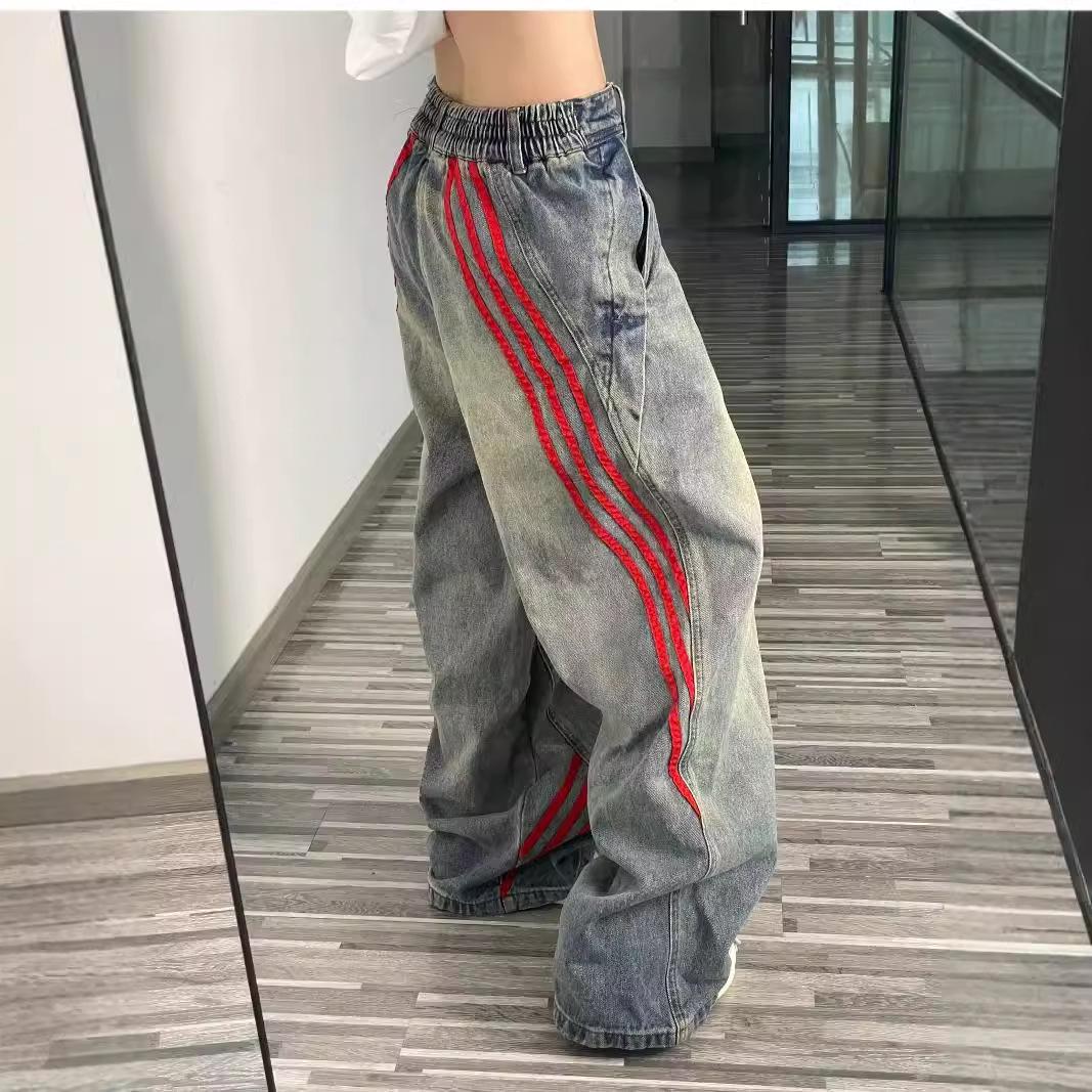 

Джинсы унисекс с потертостями и полосками, коллекция весна 2025 г., свободный широкий крой XL синий