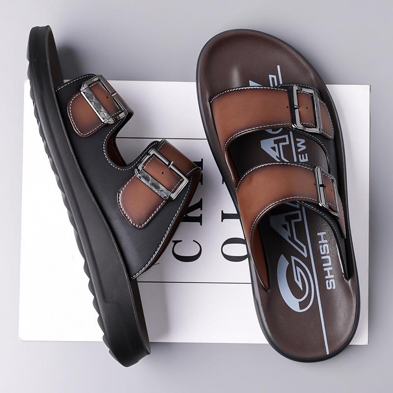 Fashion Double Buckle Designer Leather Slippers for Men Summer New Fashion Casual Dress Slipper Man Soft-soled Breathable Beach Shoes