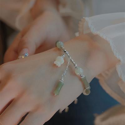 Chinese Style Retro Green Bamboo Joint Beaded Bracelet For Women'S  Simple Charm Alloy Flower Bracelet Jewelry Gift