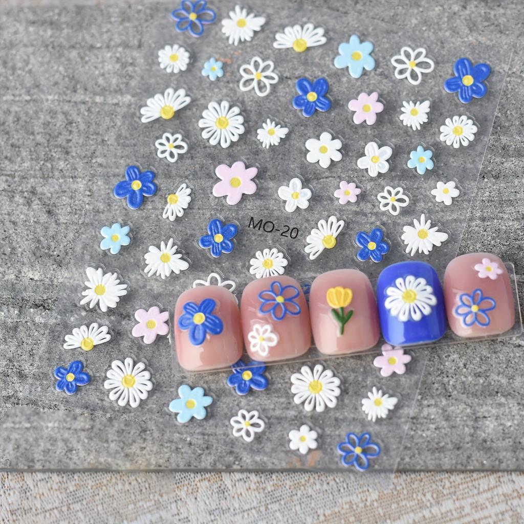 1pc 3D Embossed Flower Nail Art Stickers - Cartoon Cute Self-Adhesive Glossy Nail Decals with Vibrant Floral Designs, Hearts & Stars for DIY Manicure