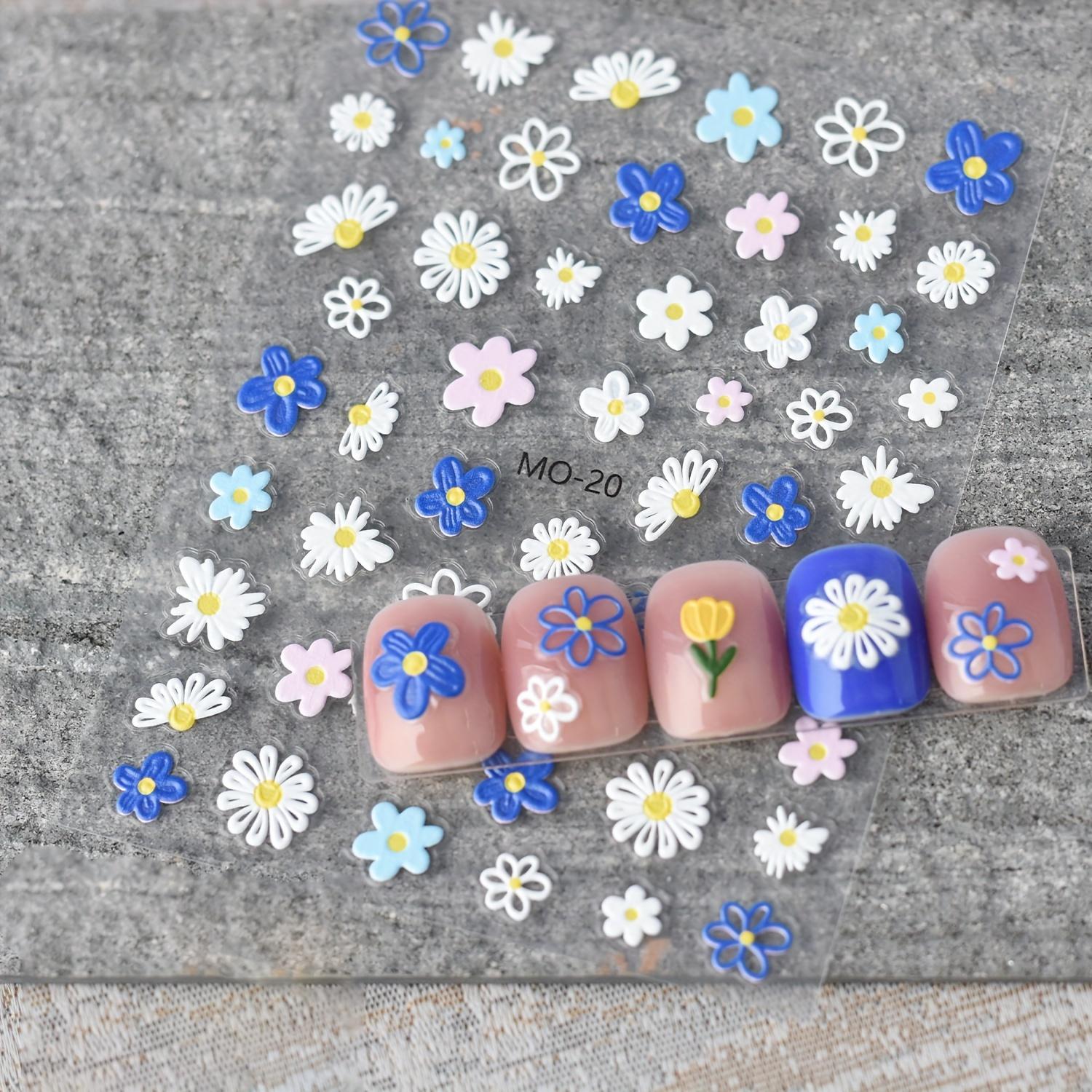 

1 шт. 3D тисненые наклейки для дизайна ногтей с цветами - Мультяшные милые самоклеящиеся глянцевые наклейки для ногтей с яркими цветочными узорами, сердечками и звездами для DIY маникюра