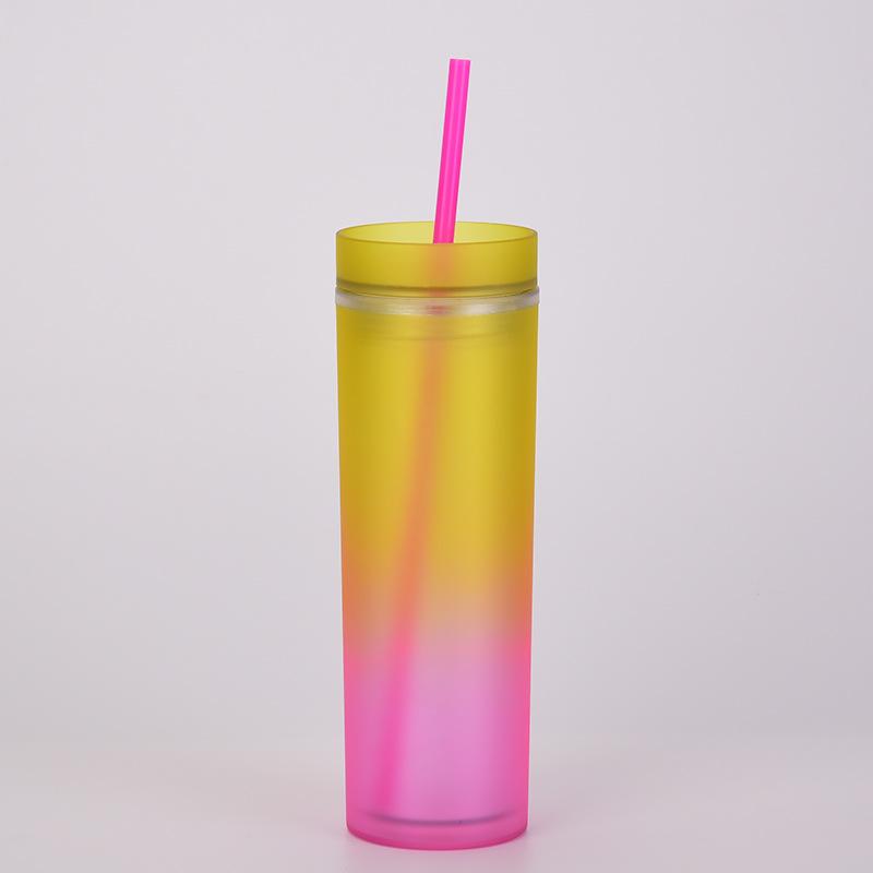 Gradual Change Color Rainbow Color Water Cup Straight Skinny Double Layer Plastic Cup Color Straw Cup