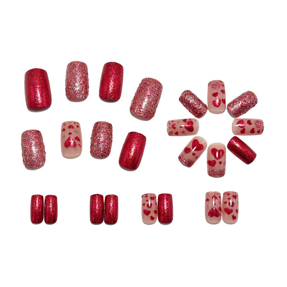 Valentine's Day Love Mood Wine Red Heart-Shaped False Nails - European & American Style Wear-On Nail Art Tips