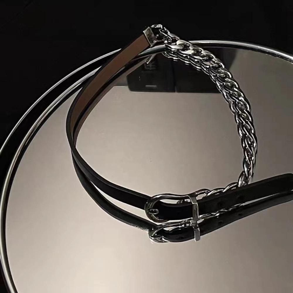 Punk Personality Sliver Color Stainless Steel Metal Chain Splicing Black Belt Buckle Choker Necklace for Women Fashion Jewelry