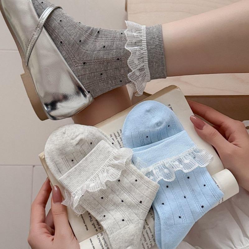 Spring and Summer Girls' Short Legged Lace-Ribbed Padded Socks with Polka Dots and Openwork Design - Perfectly Versatile Lightweight Socks