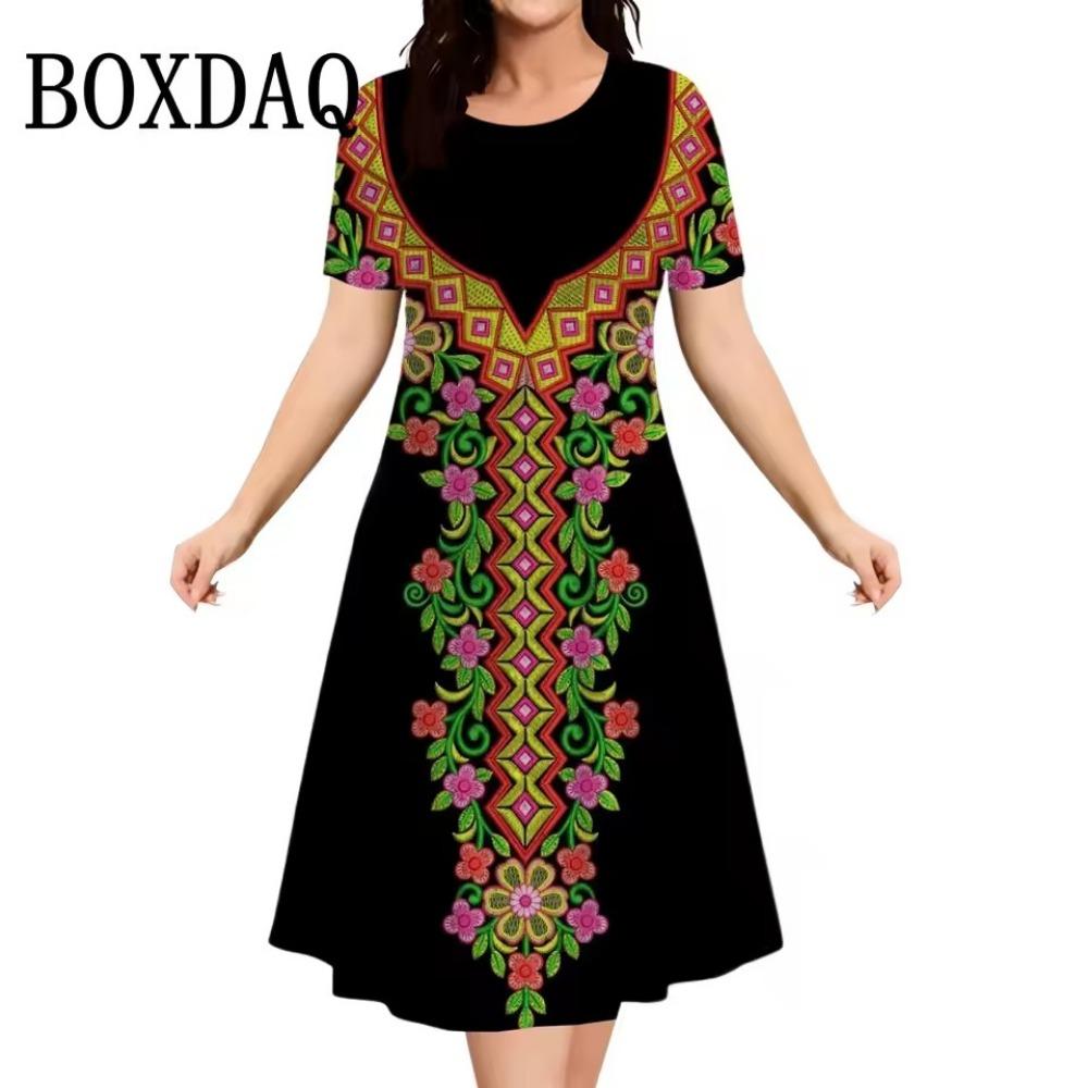

Vintage Elegant Ethnic Elements Flowers Printed Dress Big Size Women s Summer Short Sleeve O-Neck Casual Loose Dress Vestidos S