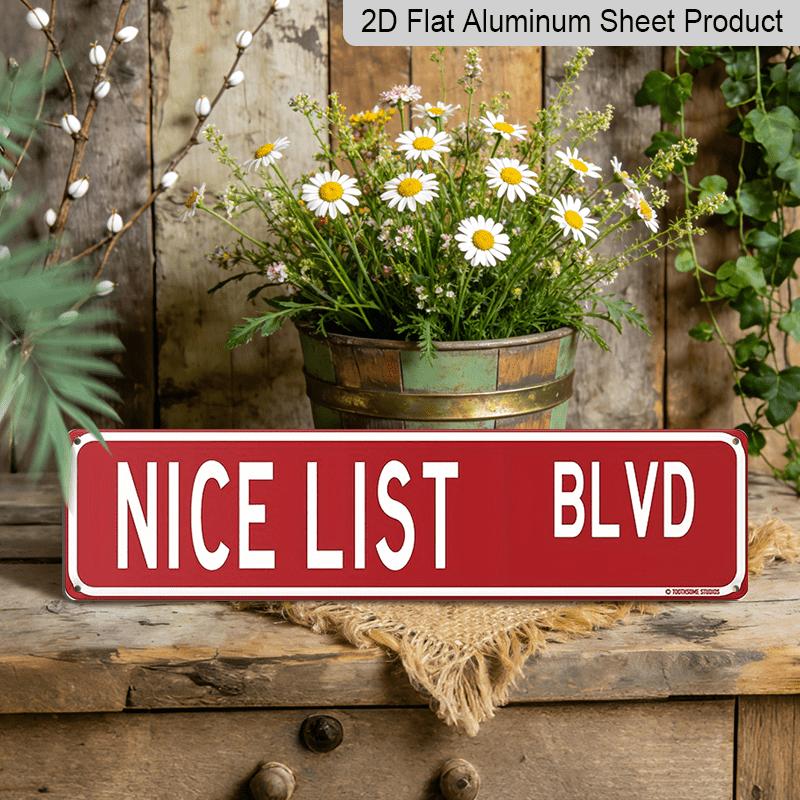 

15.7×3.94inch Nice List Blvd Christmas Street Sign -Aluminum Metal Wall Decor, Vintage Holiday Humor Ornament with Pre-Drilled Hooks, Festive Home 40cm x 10cm