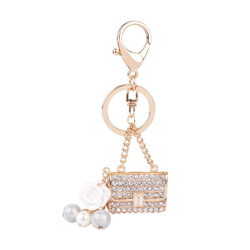 Fashion Metal Small Gift Creative Square Lady Chain Bag Shape Keychain White Rhinestone Lady Bag Accessories Automobile Gift