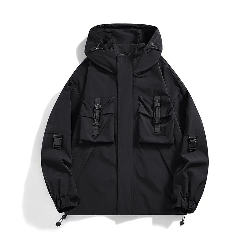 

Men s Korean Fashion Hooded Windbreaker - Stylish Multi-Pocket Mountain Jacket for Spring & Autumn S чорний