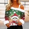 Women's Off-the-shoulder Plush Neck Printed Long-sleeved Pullover T-shirt Top